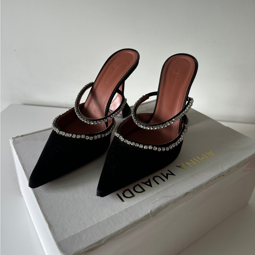 Amina Muaddi Black Satin Gilda Heels Pumps with Crystal Accents